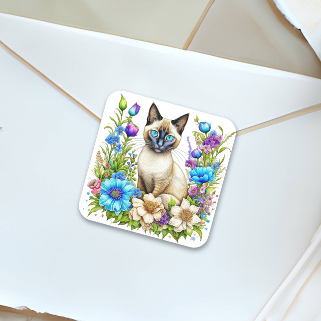 Sticker Carré Ai Aquarelle Siamese Chat en Fleurs (Créateur téléchargé)