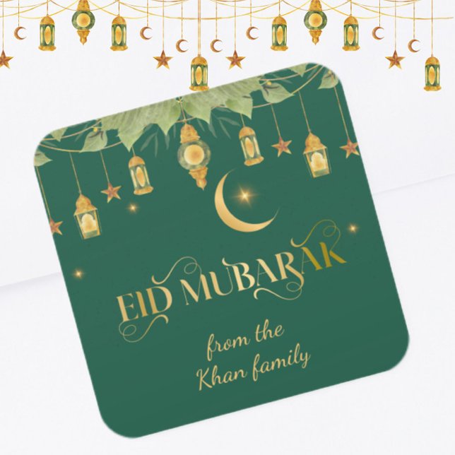 Sticker Carré Aïd Moubarak Nom personnalisé Élégant Vert Or Vert (Elegant, modern "Eid Mubarak" stickers in green + gold. Personalize with a family name.)