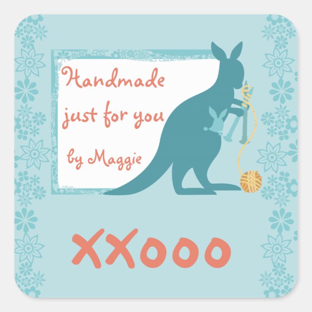 Sticker Carré Aiguilles de tricot kangourou bleu boule de fil (Devant)