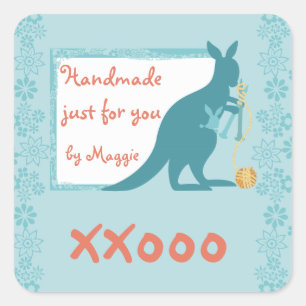 Sticker Carré Aiguilles de tricot kangourou bleu boule de fil