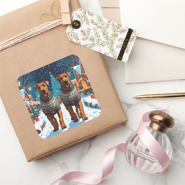 Sticker Carré Airedale Dogs Christmas Snow Holiday (Cadeaux)