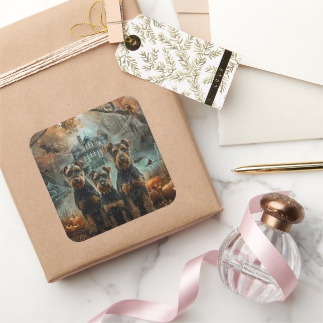 Sticker Carré Airedale Halloween nuit chien délice (Cadeaux)