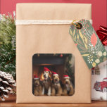 Sticker Carré Airedale près de la cheminée Noël<br><div class="desc">Une scène enchanteresse capte l'essence de l'esprit de fête et de douceur tandis que des compagnons furieux ornés de casquettes du Père Noël se rassemblent autour d'une cheminée crépitant. La chaleur qui émane du foyer crée une atmosphère douce pour ces adorables canines, tandis que des bas festifs pendent dans l'arrière...</div>