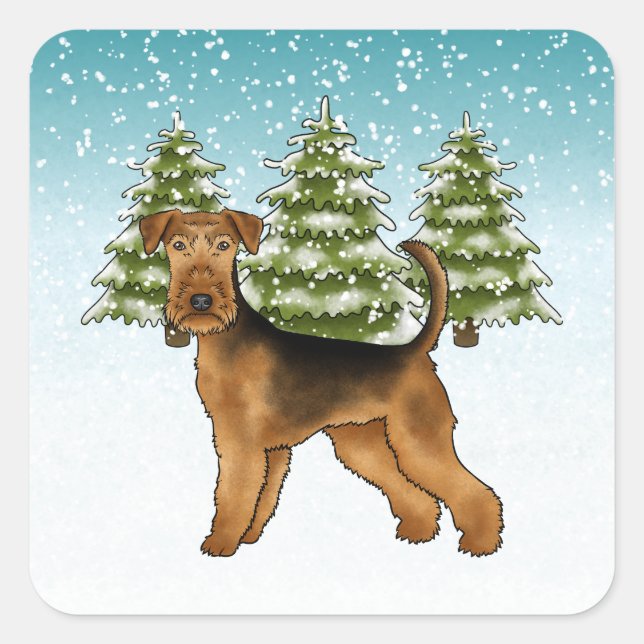 Sticker Carré Airedale Terrier Chien Snowy Winter Forest Festive (Devant)