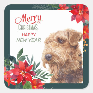 Sticker Carré Airedale Terrier Poinsettia frontière Noël