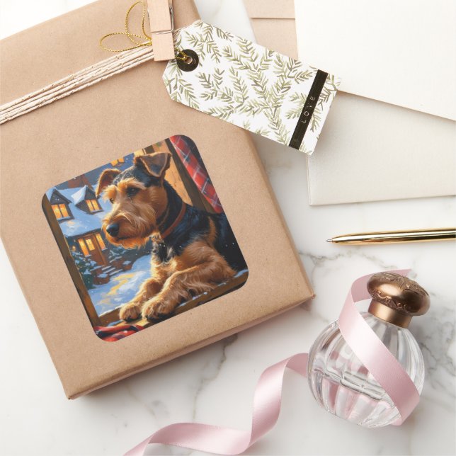 Sticker Carré Airedale Terrier With Christmas Lights Holiday  (Cadeaux)