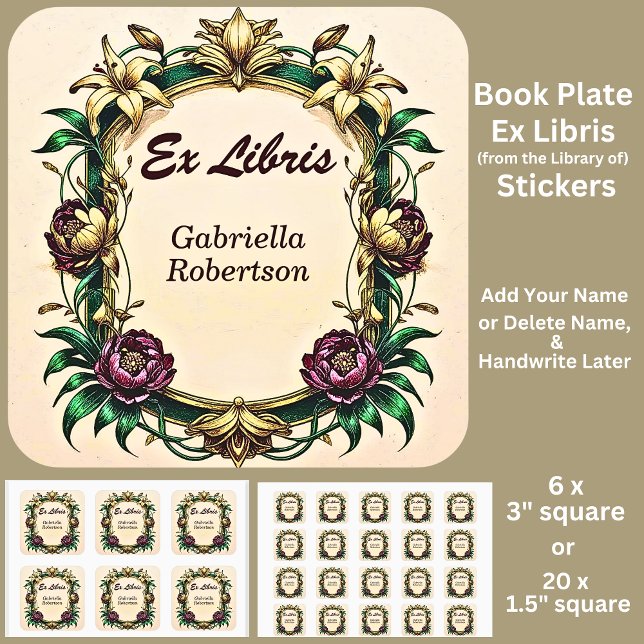 Sticker Carré Ajouter le nom Ex Libris Elegant Art Nouveau (Créateur téléchargé)