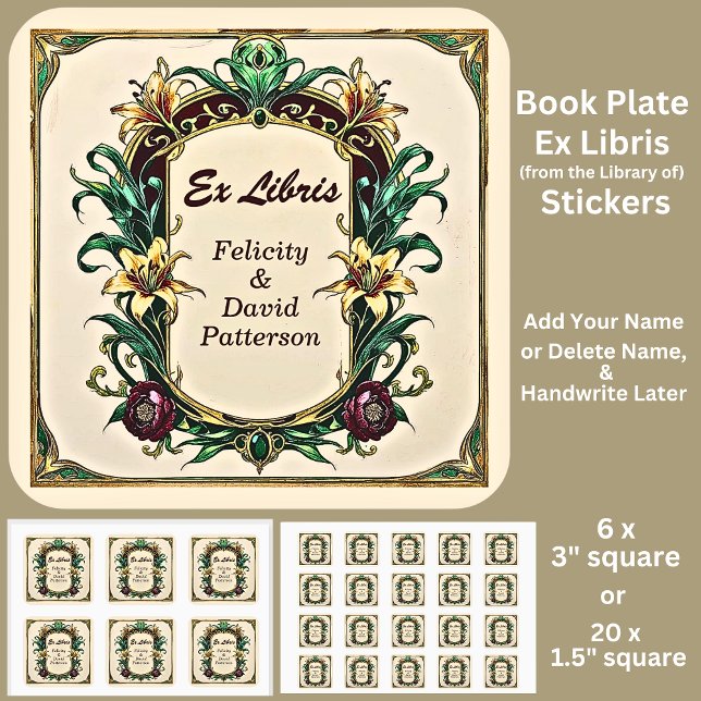 Sticker Carré Ajouter le nom Ex Libris Elegant Art Nouveau (Créateur téléchargé)