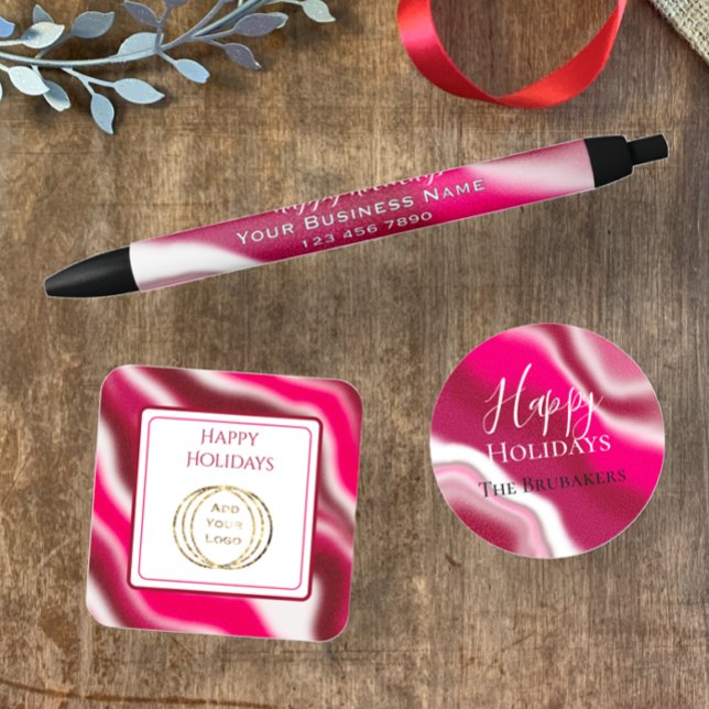 Sticker Carré Ajouter un logo d'entreprise Bonbons en canne à su (Add your business logo to these cheery cool red swirl stickers. Christmas business marketing labels.)