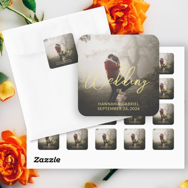 Sticker Carré Ajouter un mariage personnalisé photo (Add Photo Custom Wedding Stickers)
