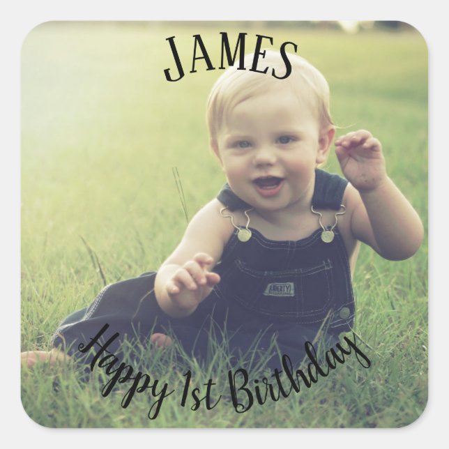 Sticker Carré Ajouter votre propre photo 1er Anniversaire Nom St (Devant)