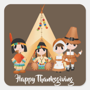 Sticker Carré Ajoutez les Indiens de pèlerin de thanksgiving de