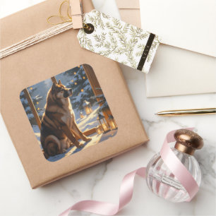 Sticker Carré Akita Américain avec lumières de Noël pour les Fêt
