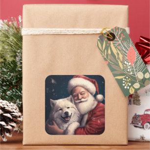 Sticker Carré Akita avec le Père Noël Festif Noël 