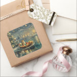 Sticker Carré Akita Christmas Festive Voyage<br><div class="desc">Jetez un coup d'oeil à la magie de la saison des Fêtes avec cette illustration magnifiquement détaillée, montrant un chien fier assis dans un bateau à la décoration festive, glissant à travers un lac serein de Noël. Les lumières scintillantes des pins voisins se reflètent dans l'eau, projetant une lumière chaude...</div>