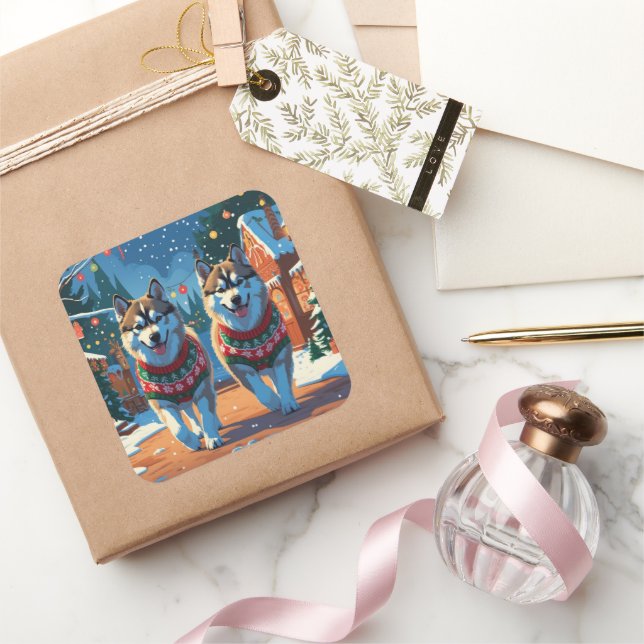Sticker Carré Alaskan Malamute Dogs Christmas Snow Holiday  (Cadeaux)