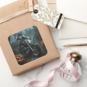 Sticker Carré Alaskan Malamute équitation moto Halloween effraya