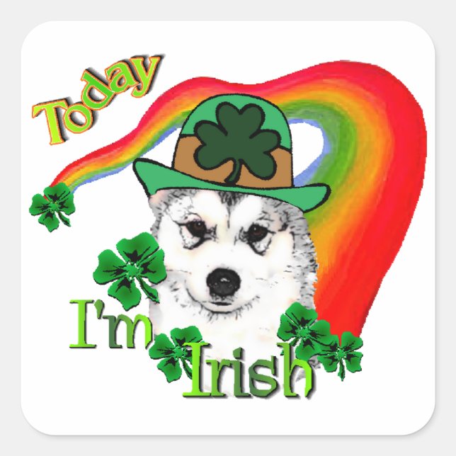 Sticker Carré Alaskan Malamute St. Patrick's Day (Devant)