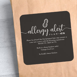Sticker Carré Alerte d'allergie à l'arachide noire Minimaliste P