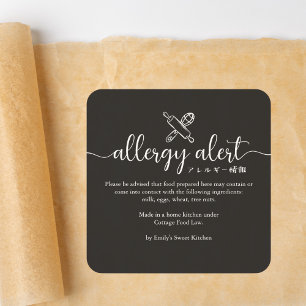 Sticker Carré Alerte d'allergie Rouleau à pâtisserie noir Fouet 