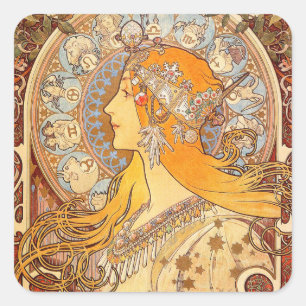 Sticker Carré Alfonse Mucha Zodiac Art nouveau femme