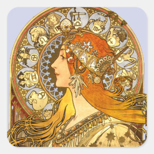 Sticker Carré Alfonse Mucha Zodiaque Art Nouveau Femme