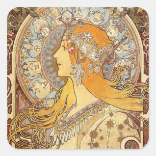 Sticker Carré Alfonse Mucha Zodiaque Art Nouveau Femme