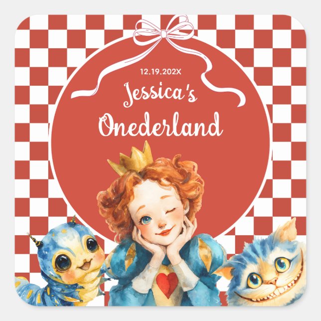 Sticker Carré Alice in ONEDERLAND Queen of Hearts 1st Birthday  (Devant)