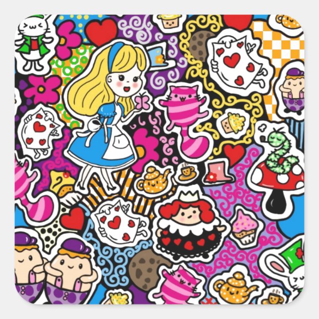 Sticker Carré Alice Wonderland Mad Hatter Cat Doodle (Devant)