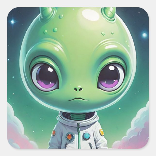 Sticker Carré Alien à grand tête verte avec cornes (Devant)
