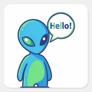 Sticker Carré Alien bleu mignon disant bonjour