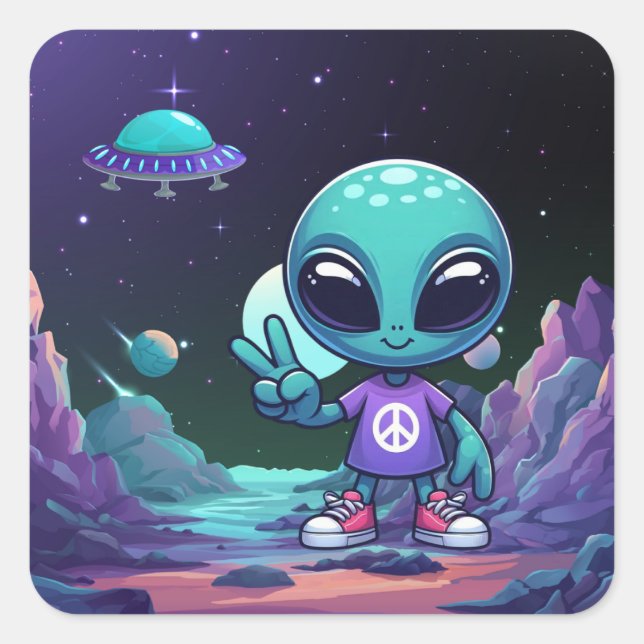 Sticker Carré Alien de paix mignon et vaisseau spatial (Devant)