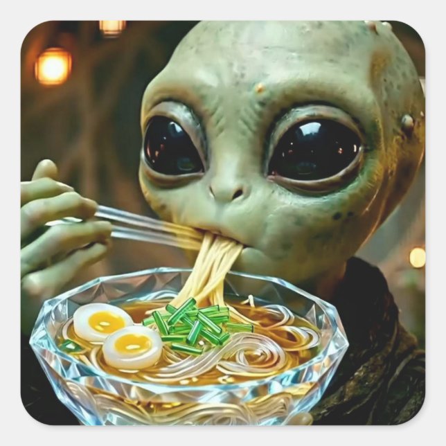 Sticker Carré Alien drôle mangeant des nouilles Ramen (Devant)