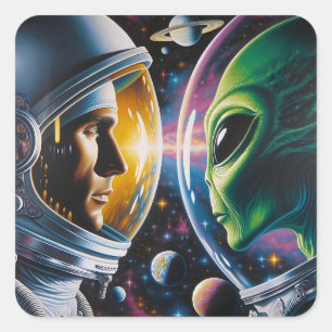 Sticker Carré Alien et astronaute dans l'espace