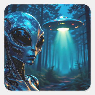 Sticker Carré Alien et OVNI hyper réaliste dans la forêt