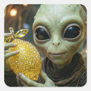 Sticker Carré Alien Extraterrestre et Citron Cristallin