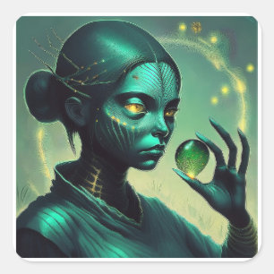 Sticker Carré Alien Lady détient un objet en verre transparent