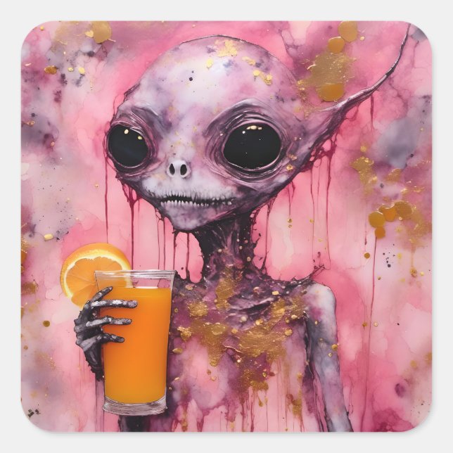 Sticker Carré Alien Rose Avec Jus D'Orange (Devant)
