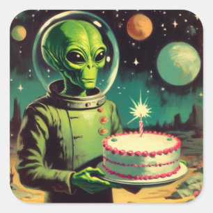 Sticker Carré Alien spatial avec soucoupe volante UFO de gâteau 