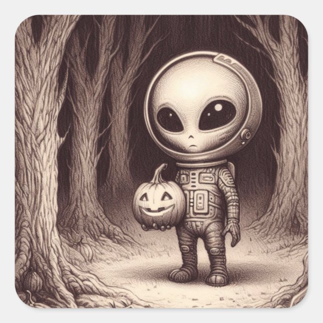Sticker Carré Alien spatial d'Halloween avec Jack-O-Lantern (Devant)
