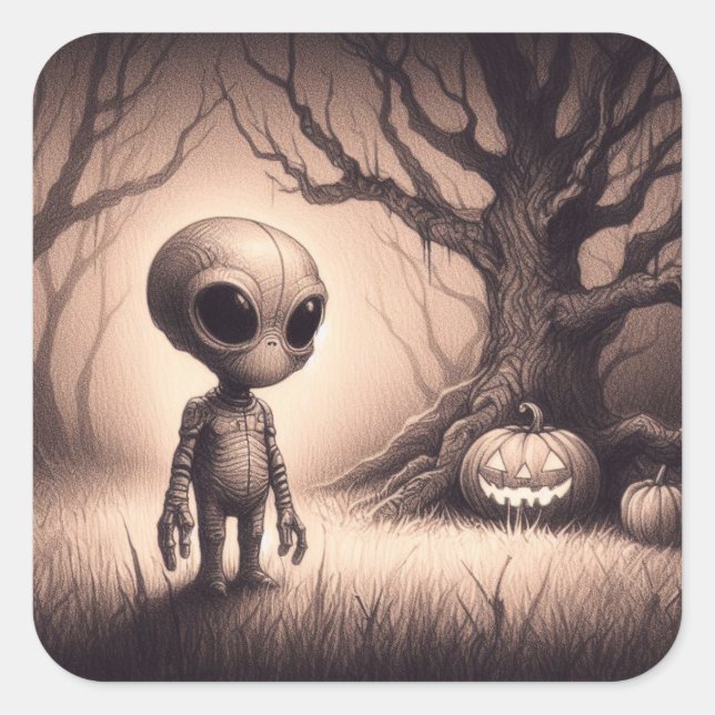 Sticker Carré Alien spatial Halloween avec Citrouille (Devant)