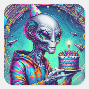 Sticker Carré Alien tenant Birthday Cake