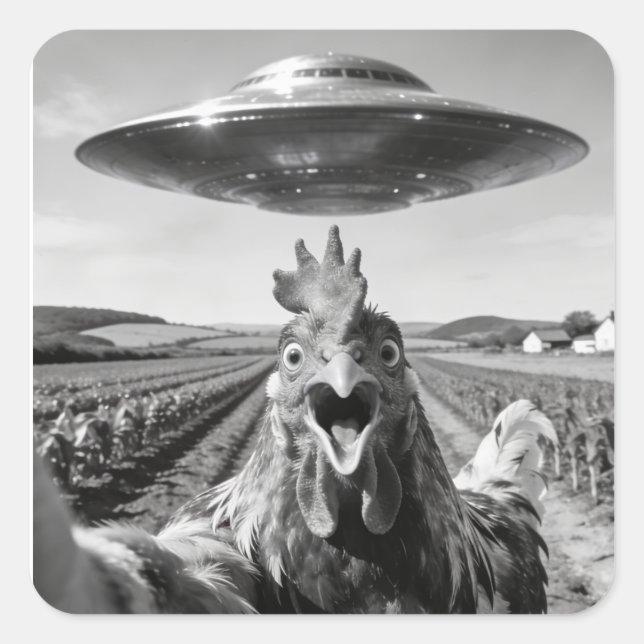Sticker Carré Alien UFO Chicken Art Abduction SciFi Humor (Devant)