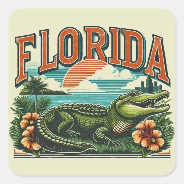 Sticker Carré Alligator de Floride rétro (Devant)