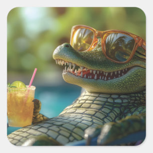 Sticker Carré Alligator dégustez un cocktail au bord de la pisci