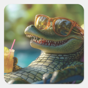 Sticker Carré Alligator dégustez un cocktail au bord de la pisci