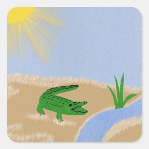 Sticker Carré Alligator Green Whimsical Cartoon Art