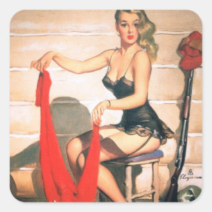 Sticker Carré Allons Chasser - Art de Pin-up Vintage