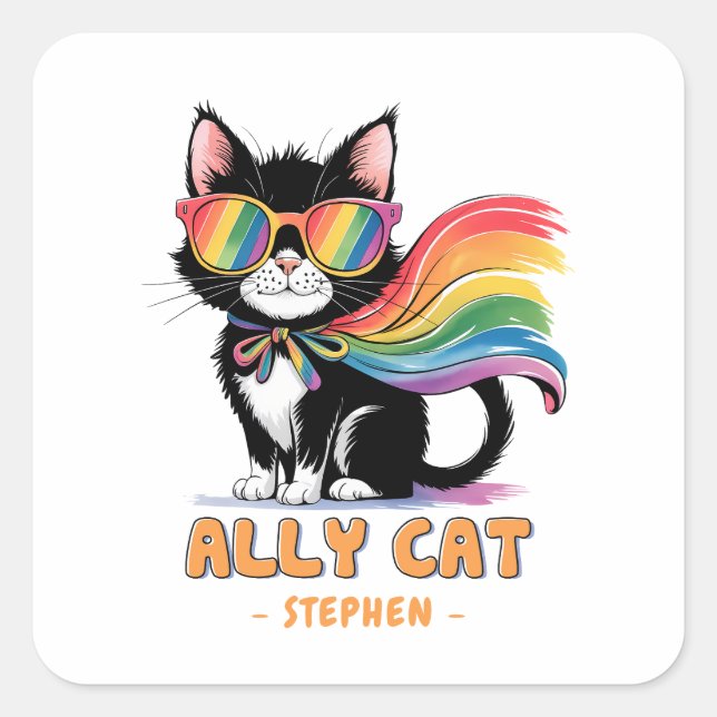 Sticker Carré Ally Cat - Rainbow Cat LGBTQ Pride (Devant)
