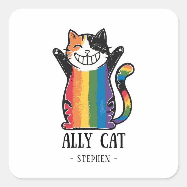 Sticker Carré Ally Cat - Rainbow Cat LGBTQ Pride (2) (Devant)